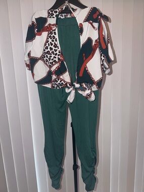 SHEIN Green Jogger Jumpsuit with Printed Tie-Front Top